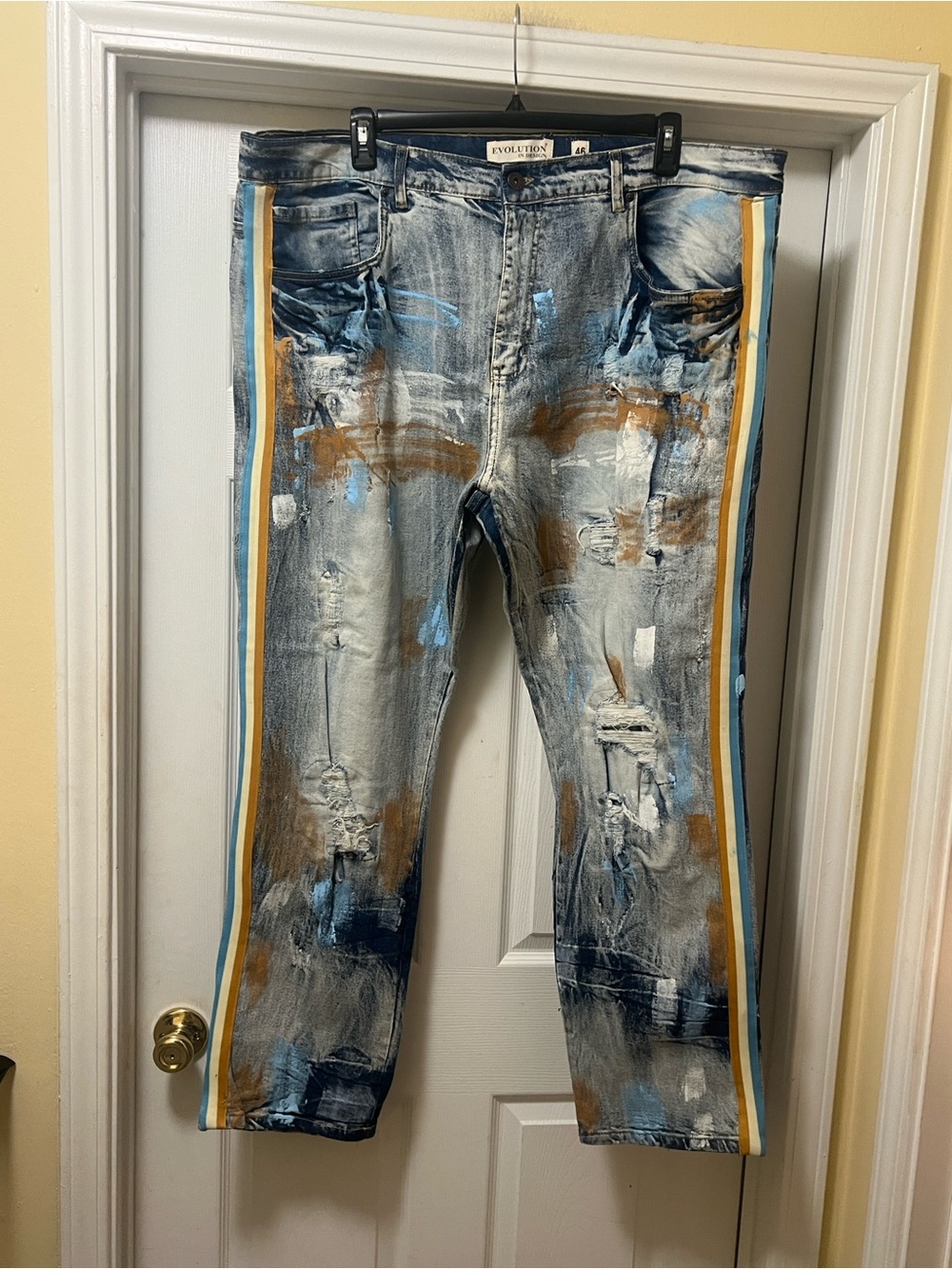 Revolution Paint-Effect Slim Straight Jeans in Blue and Brown with Side Stripes